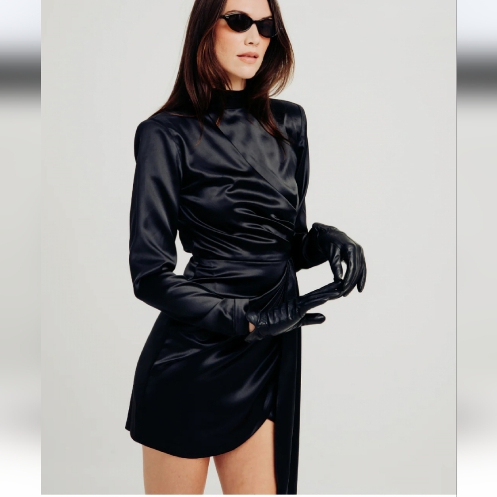 NWT TORN BY RONNY KOBO LARA Assymetrical Black Satin Cocktail Dress Large